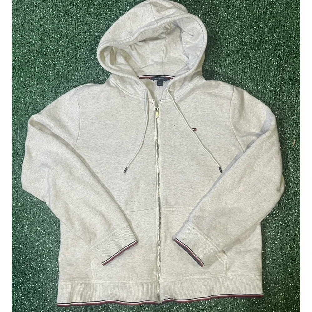Tommy Hilfiger Jeans Crop Full Zip Hoodie Women L TG XG Grey Knit Long Sleeve - Picture 1 of 3